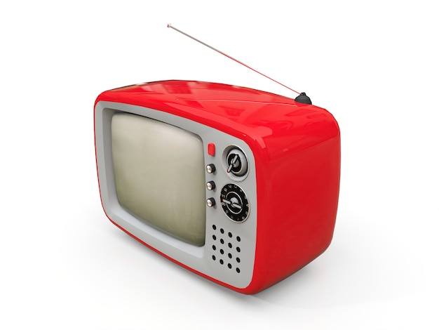 白い背景の上のアンテナでかわいい古い赤いテレビ 3 Dイラスト