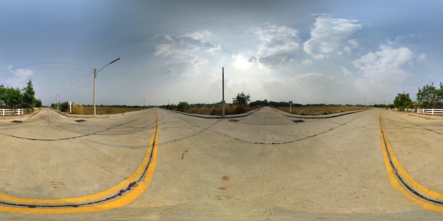 360 degrees spherical panorama of concrete road and forest with blue sky | Premium Photo