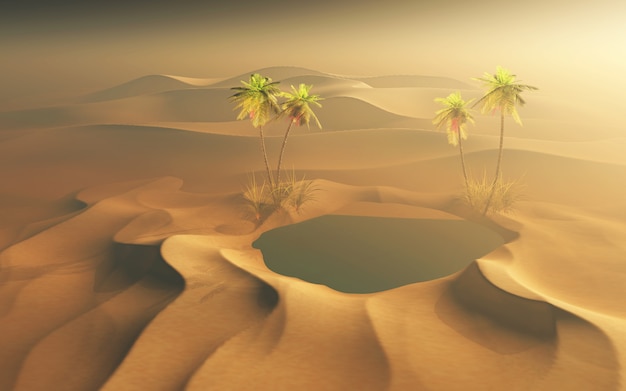 水とヤシの木のオアシスがある3d砂漠のシーン 無料の写真