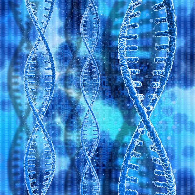 3d dna strands on a binary code background Free Photo