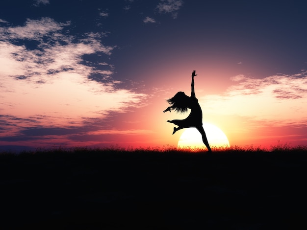 Premium Photo | 3d female jumping in joy against a sunset landscape