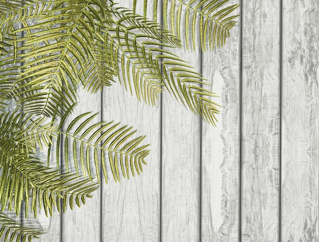 3D fern leaves on a white wooden texture Free Photo