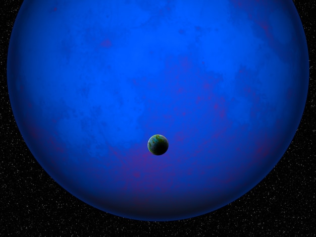 輝く青い惑星に対する惑星のような地球との3d架空の宇宙シーン 無料の写真