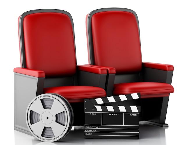 Premium Photo | 3d film reel and cinema clapper board on theater seat.