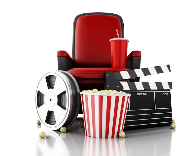 3d Film Reel Popcorn And Drink On Theater Seat Photo