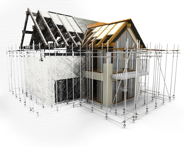 3d house with scaffolding Free Photo