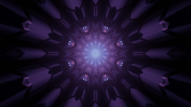 紫のネオンの色合いの幾何学模様と輝く丸い形の幻想的なポータルの3dイラスト抽象的な未来的な背景 プレミアム写真
