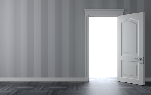 3 Dイラスト壁に開いている古典的な白い扉 ドアの後ろの光 プレミアム写真