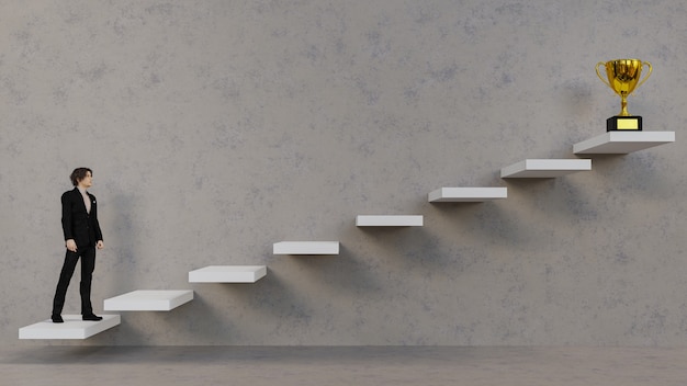 トロフィーカップへの階段を上って歩いている3dイラスト実業家 成功の概念 プレミアム写真