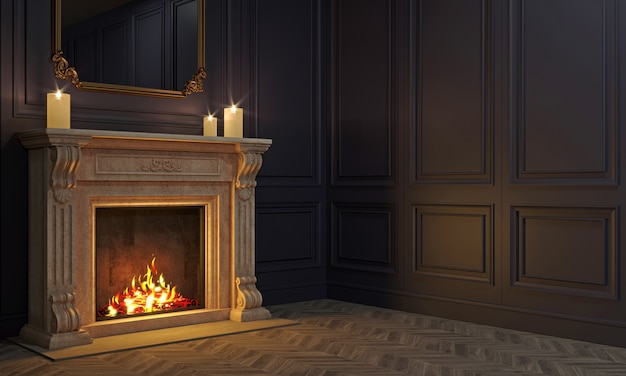 3dイラスト ヴィンテージのナイトルームにあるクラシックな暖炉 ロマンチックな背景や壁紙 プレミアム写真