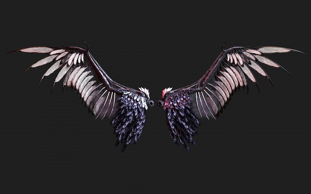 3 Dイラスト悪魔の翼 クリッピングパスと黒に分離された黒翼羽 プレミアム写真