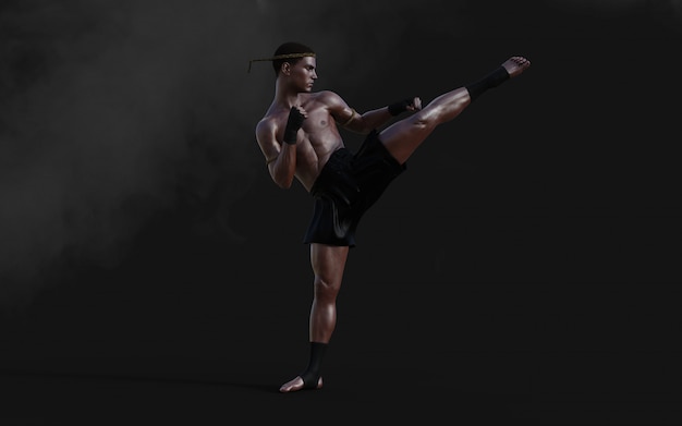 クリッピングパス キックボクシング 筋肉マンの暗闇で3 Dイラスト人間武道スポーツトレーニング プレミアム写真