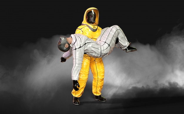 3 Dイラストレーションマン ウイルス保護バイオハザードスーツで コロナウイルスを停止するマスクを着用またはクリッピングパスと暗い背景にcovid 19の発生 プレミアム写真