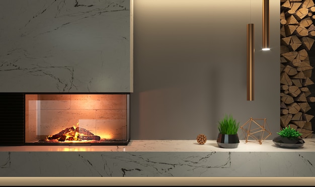 Premium Photo | 3d illustration. modern glass corner fireplace in the ...
