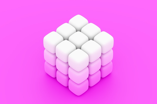 ピンクの孤立した背景上の小さな立方体のネオン白い立方体の3dイラスト プレミアム写真
