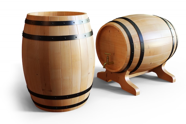3 Dイラスト木製樽ワイン白で分離 ワイン コニャック ラム酒 ブランデーなどの木製樽のアルコール飲料 プレミアム写真