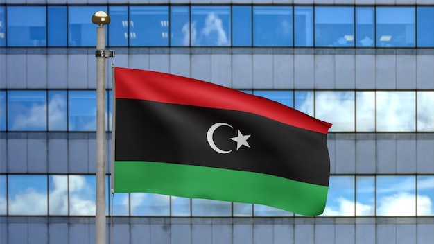 Premium Photo | 3d, libyan flag waving on wind with modern skyscraper ...