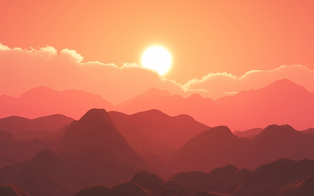 夕焼けの空に対する3d山の風景 無料の写真