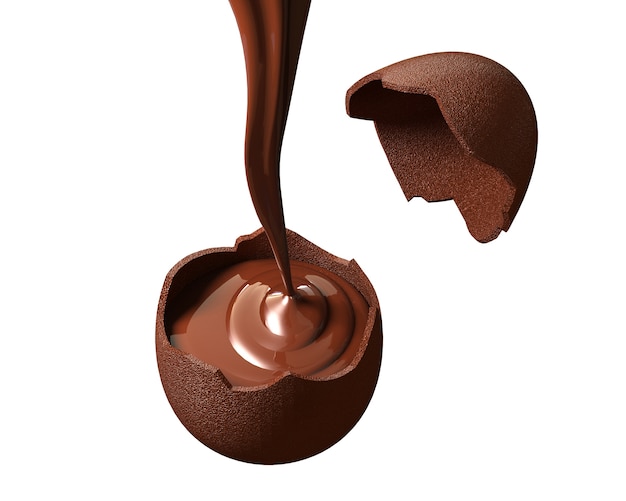 3d render chocolate egg shell and have liquid chocolate inside on white background Premium Photo