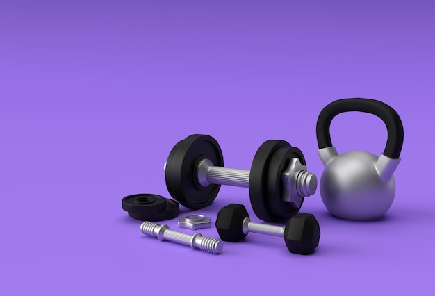 3d render dumbbells set, realistic detailed close up view isolated sport element of fitness dumbbell design. Free Photo
