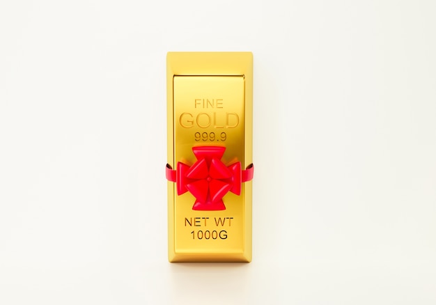 Premium Photo | 3d render of gold bar with red ribbon
