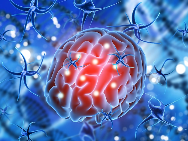 3d render of a medical background with brain being attacked by virus cells Free Photo
