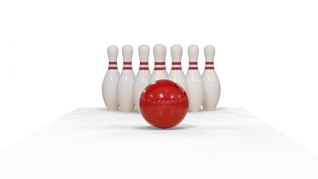 Premium Photo | 3d render red bowling ball on a white background with pins