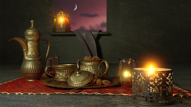 3d render of utensils and illuminated lantern on night view Premium Photo