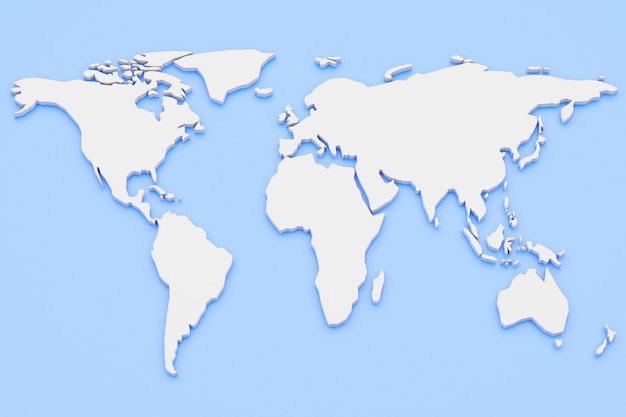 青の背景に世界地図の白い大陸を3dレンダリングします コピースペースのある空の世界地図 プレミアム写真