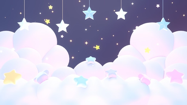 Premium Photo | 3d rendered pastel clouds and hanging stars in the ...