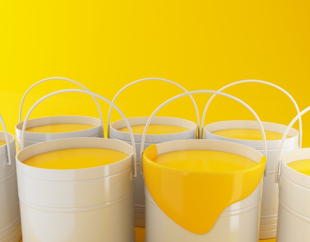 Download Premium Photo 3d Renderer Illustration Full Paint Buckets On Yellow Background PSD Mockup Templates