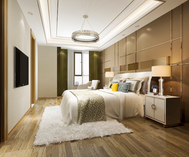 Premium Photo | 3d rendering beautiful luxury yellow bedroom suite in ...