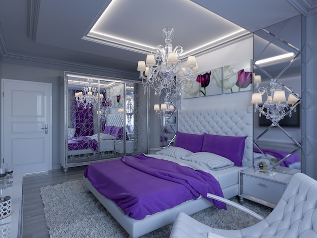 3d Rendering Bedroom In Gray And White Tones With Purple