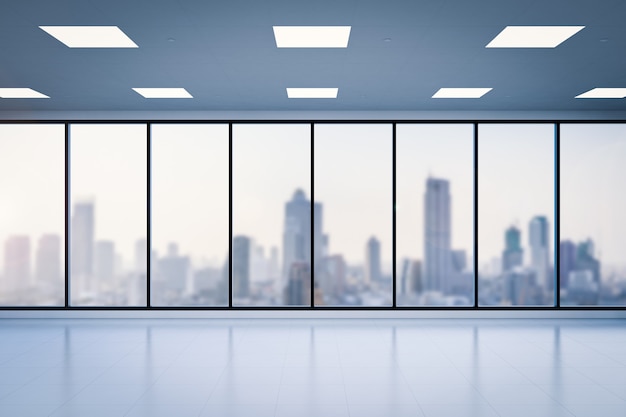 Premium Photo | 3d rendering empty office space with glass windows