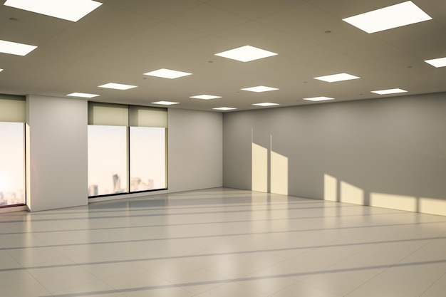 Premium Photo | 3d rendering empty office space with glass windows