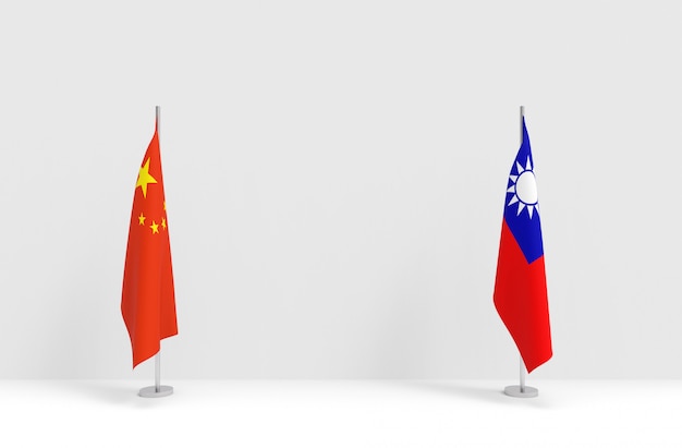 3dレンダリング 白いセメントステージの壁に中国と台湾の国旗の表彰台を折りたたみます プレミアム写真