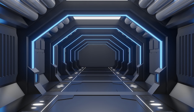 3d Rendering Furnished Spaceship Interior With Blue Light