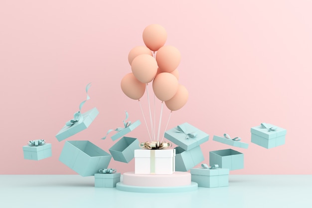 3d rendering of gift box and balloons on pink. Premium Photo