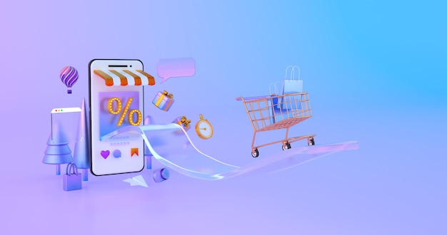 Premium Photo | 3d rendering of gold shopping cart with smartphone.