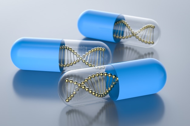 Premium Photo | 3d rendering golden dna helix in blue capsule