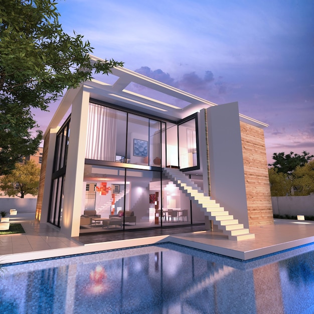 Premium Photo | 3d rendering of an impressive modern house with pool