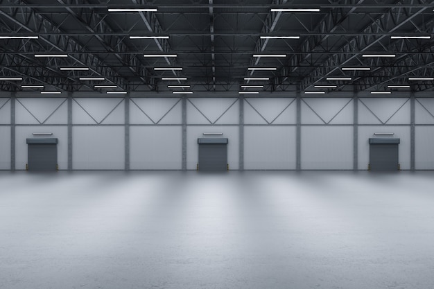 Premium Photo | 3d rendering interior empty factory with neon tubes