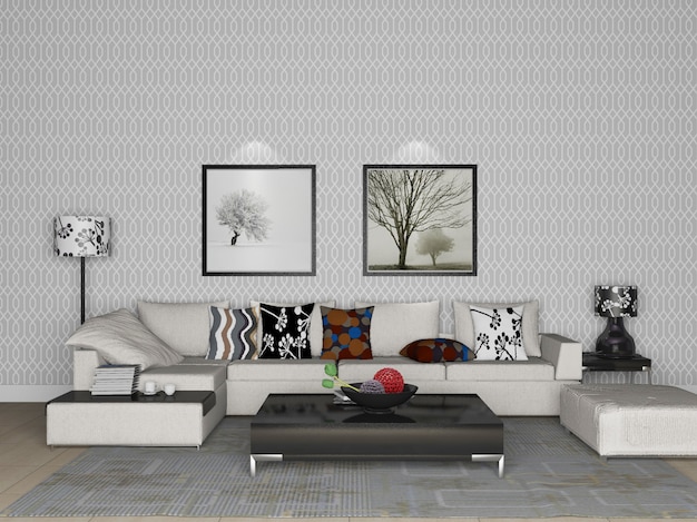 Premium Photo | 3d rendering living room with white sofa interior design