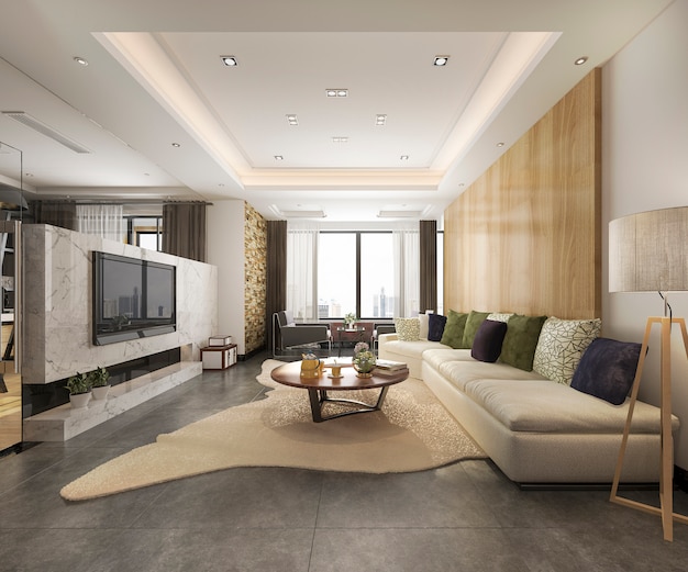 3d rendering luxury and modern living room with good design leather sofa Premium Photo