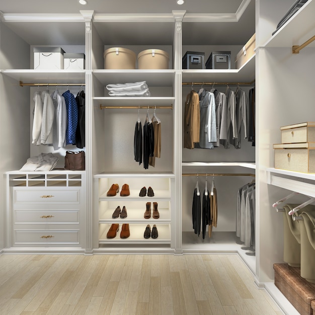 Premium Photo | 3d rendering luxury wood walk in closet with wardrobe