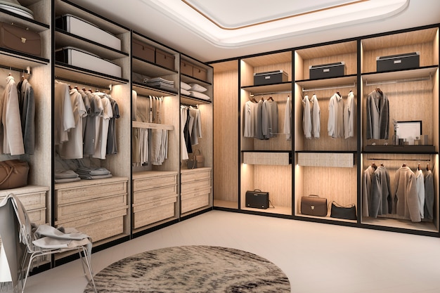 Premium Photo | 3d rendering minimal loft luxury wood walk in closet ...