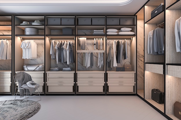 Premium Photo 3d Rendering Minimal Loft Luxury Wood Walk In Closet With Wardrobe