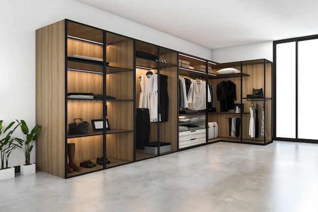 3d Rendering Minimal Scandinavian Walk In Closet With Wood