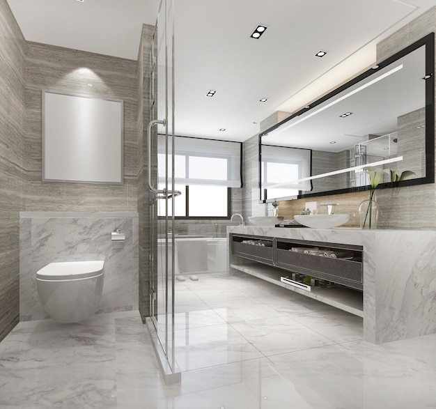 Premium Photo | 3d rendering modern bathroom with luxury tile decor