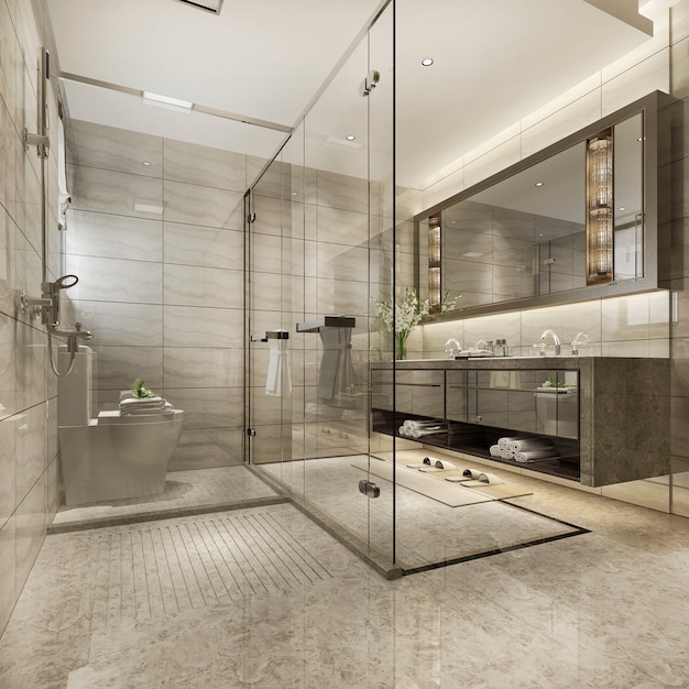 Premium Photo | 3d rendering modern bathroom with luxury tile decor